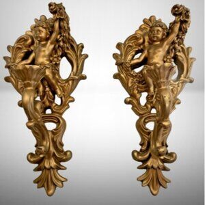 Vintage Ornate Cherub Wall Sconce Candle Holders Pair – Gold Composition Resin